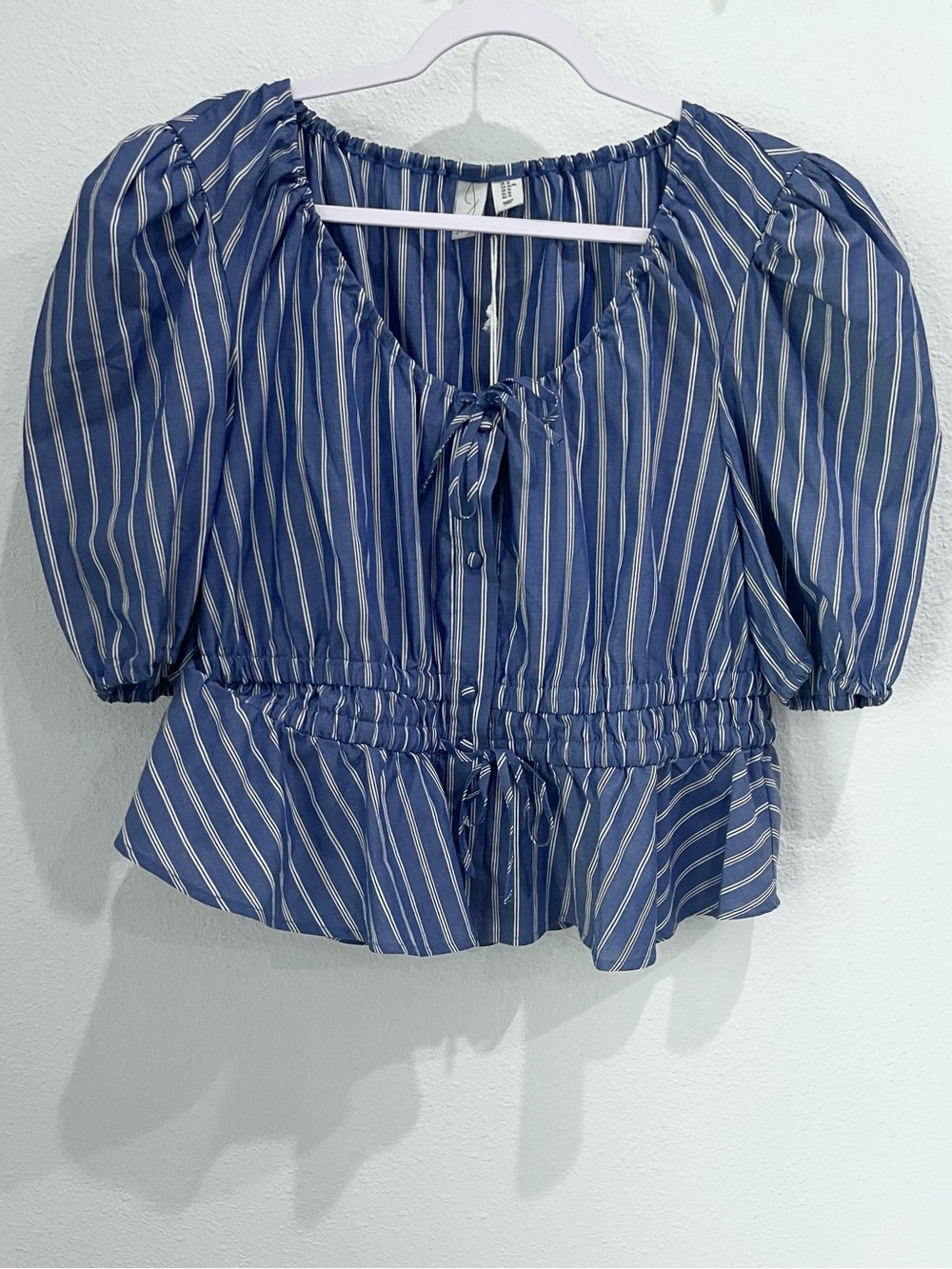 NWT Joie Blue Striped Peplum Top Feminine Preppy Puff Sleeve Button Tie Front